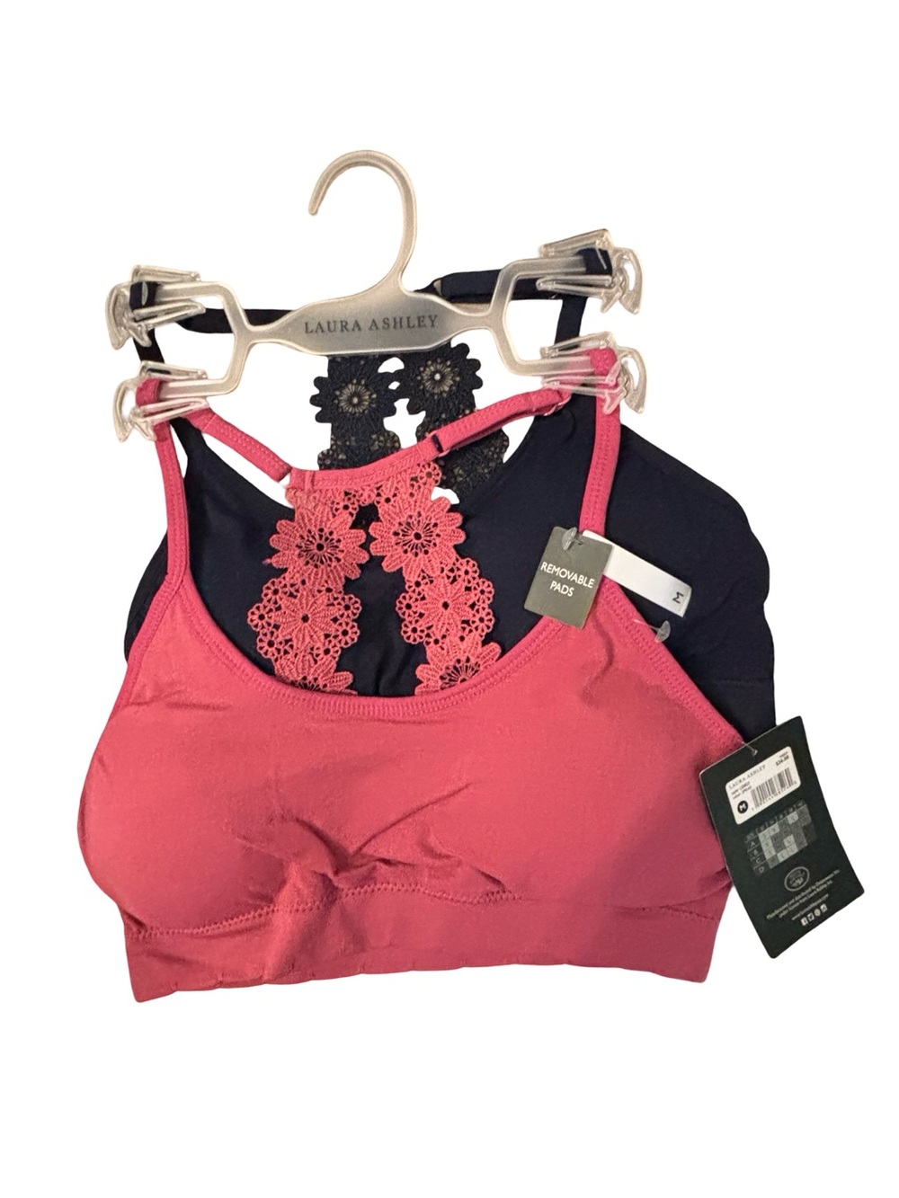 Laura Ashley 2 Piece Pack Coral Pink & Navy Lace-Back Sports Bralette Medium